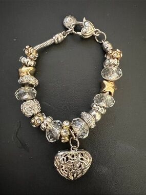 Silver and Gold Heart Charm Beaded Bracelet - Women's Jewelry
